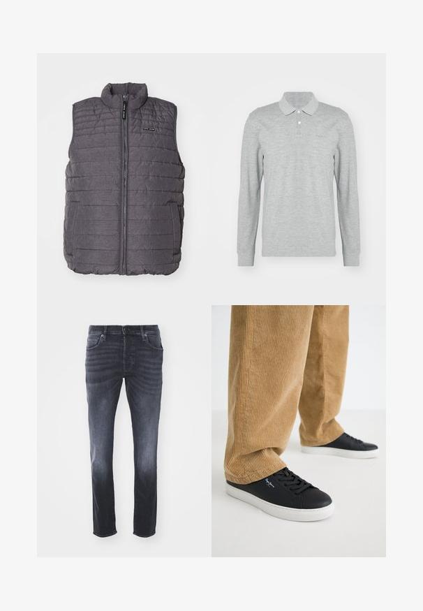 Chaleco gris acolchado con costuras verticales, cuello alto y cierre frontal de cremalleras. Cuenta con dos bolsillos laterales y un pequeño logo en el pecho.; Polo gris de manga larga confeccionado en tela suave; cuenta con un collar, tres botones y un sutil logo bordado en el pecho.; Vaqueros de mezclilla gris oscuro con un diseño clásico de pierna recta, que incluyen bolsillos frontales, cremallera con cierre de botón y un ligero desgastado.; Zapatillas de cuero negro con suelas de goma blanca. Llevadas con pantalones de pana en color beige, con acanaladuras verticales y un ajuste relajado.