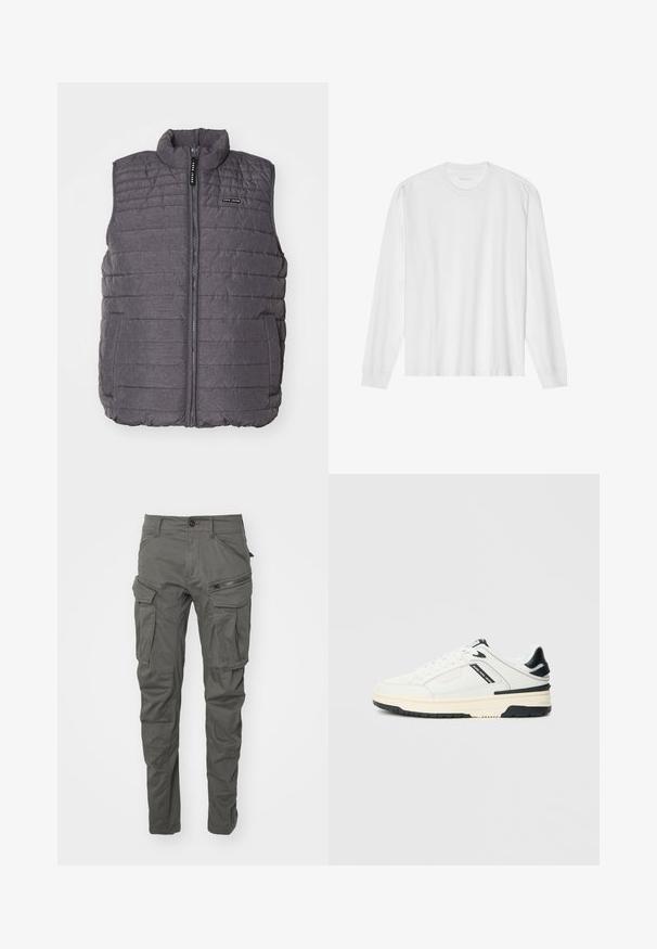 Chaleco gris acolchado con costuras verticales, cuello alto y cierre frontal de cremalleras. Cuenta con dos bolsillos laterales y un pequeño logo en el pecho.; Camiseta blanca de algodón de manga larga con cuello redondo, con puños acanalados y dobladillo recto, textura suave y diseño minimalista.; Pantalones cargo grises hechos de tejido duradero, que cuentan con múltiples bolsillos, detalles con cremallera, cierre botón y un diseño de pierna ajustada.; Zapatilla blanca de corte bajo con acentos negros, suela crema, cordones y texto "Jeans Pepe" en el panel lateral.