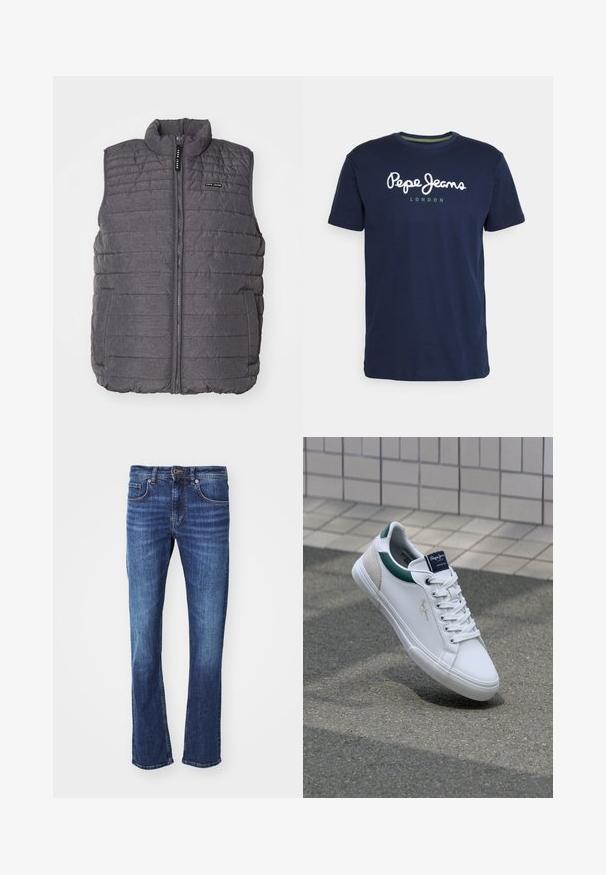 Graue gepolsterte Weste mit vertikaler Naht, hohem Kragen und Reißverschluss vorne. Verfügt über zwei Seitentaschen und ein kleines Logo auf der Brust.; Navyblaue Baumwoll-T-Shirt mit rundem Halsausschnitt und kurzen Ärmeln. Enthält weißen "Pepe Jeans"-Schriftzug und "LONDON" in grün darunter.; Blaue Denim-Jeans mit geradem Schnitt, ausgestattet mit einem Reißverschluss und Knopfverschluss, fünf Taschen und subtiler Ausbleichung an den Oberschenkeln.; Weiße Leder-Sneaker mit grünen und beigen Akzenten, die über eine strukturierte Sohle, eine runde Schuhspitze und ein traditionelles Schnürdesign verfügen.