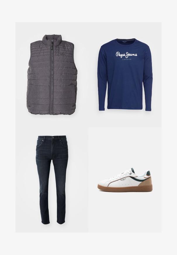 Gilet matelassé gris avec des coutures verticales, col haut et fermeture éclair à l'avant. Comprend deux poches latérales et un petit logo sur la poitrine.; T-shirt à manches longues bleu marine en coton, présentant un logo blanc "Pepe Jeans London" imprimé sur le devant. Encolure ras du cou simple et texture lisse.; Jeans en denim bleu foncé avec une coupe droite, un design à cinq poches et un léger effet décoloré sur les cuisses, dotés d'une fermeture à bouton en métal.; Baskets basses blanches avec semelle marron, accents verts et beige, lacets blancs, et logo "Pepe Jeans London" sur le côté.