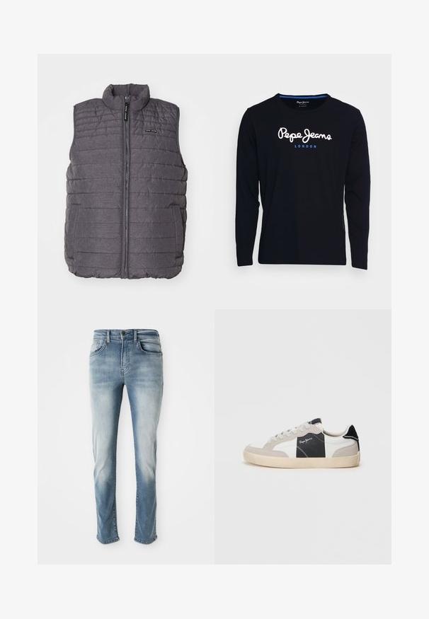Gilet matelassé gris avec des coutures verticales, col haut et fermeture éclair à l'avant. Comprend deux poches latérales et un petit logo sur la poitrine.; T-shirt noir à manches longues en tissu de coton, avec le texte de logo blanc et bleu "Pepe Jeans London" centré sur la poitrine.; Jeans en denim bleu clair avec un design classique à cinq poches, une décoloration subtile et une coupe droite. Comprend une fermeture à bouton et des passants de ceinture.; Baskets basses blanches et grises en matériaux suédés et en cuir. Dotées d'un accent noir, de coutures blanches et d'une semelle en caoutchouc.