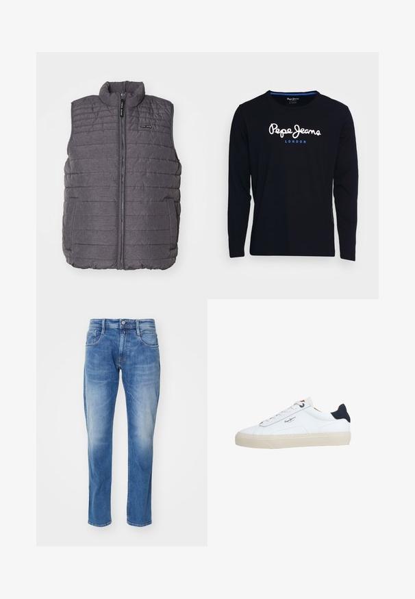 Grå polstret vest med lodret syning, høj krave og lynlås foran. Har to sidelommer og et lille logo på brystet.; Langærmet sort t-shirt lavet af bomuldsstof, med hvid og blå logo tekst "Pepe Jeans London" centreret på brystet.; Lys blå denim jeans med lige ben, fem-lomme design, subtil falmning, og en standart talje med knaplukning.; Hvid lavtop-sneaker med beige sål, hvide snørebånd, sort hælkappe og "Pepe Jeans London"-logo på siden.