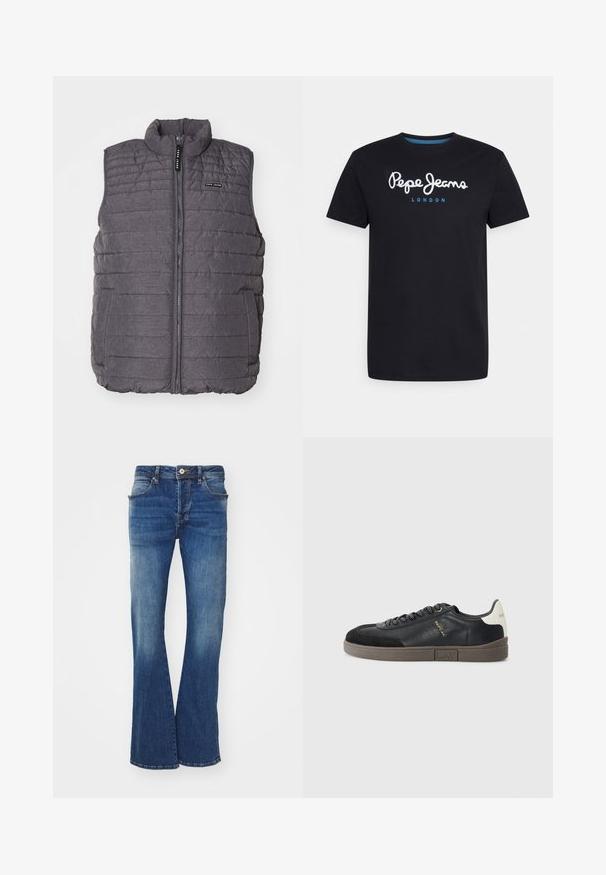 Grijze gewatteerde vest met verticale stiksels, hoge kraag en ritssluiting aan de voorkant. Bevat twee zijzakken en een klein logo op de borst.; Zwart katoenen T-shirt met een witte scriptlogo "Pepe Jeans" en een blauwe accent, ronde hals en korte mouwen. Eenvoudig, solide ontwerp.; Uitlopende blauwe denim jeans met een middelhoge tailleband, vijf zakken en subtiele vervaging. De stof heeft een klassieke textuur en een schone afwerking.; Replay POLYS SCENT - Sneakers laag - black/off white