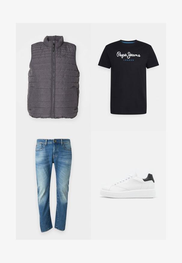 Grå polstret vest med lodret syning, høj krave og lynlås foran. Har to sidelommer og et lille logo på brystet.; Sort bomulds T-shirt med et hvidt skriftskriftlogo "Pepe Jeans" med en blå accent, rund hals og korte ærmer. Enkel, ensfarvet design.; Blå, falmede straight-leg denim jeans med fem lommer, knaplukning og synlige sømdetaljer på forsiden.; Hvide lædersneakers med en sort hælflap, flade snørebånd, struktureret mellemsål og branding på ydersiden. Designet til afslappet brug.