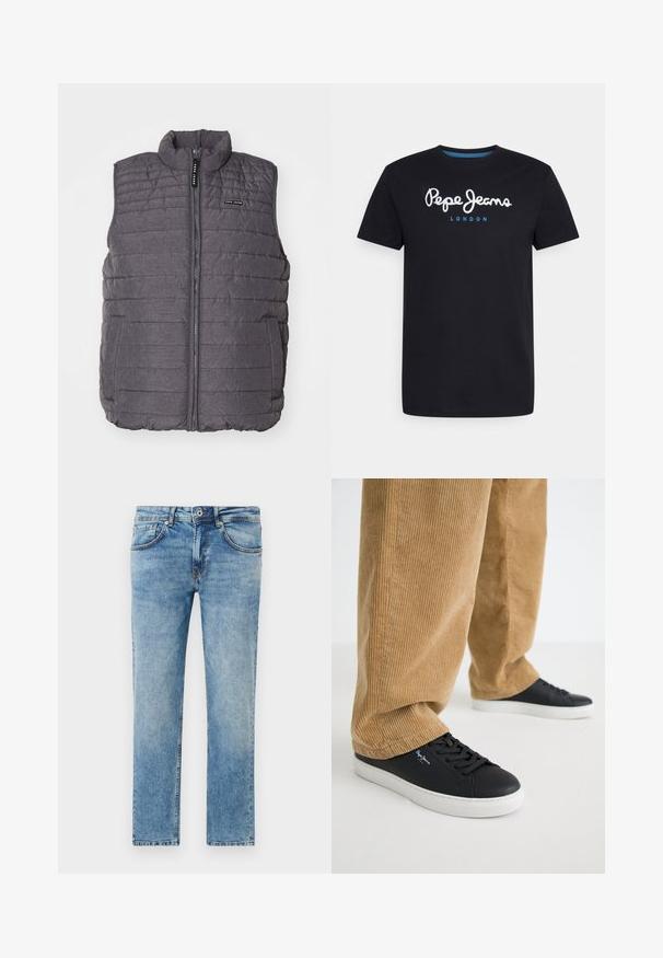 Hall värvi pehme vest, millel on vertikaalne õmblus, kõrge kaelus ja lukuga ees. Omab kahte küljetaskut ja väikest logo rinnal.; Mustvalge puuvillane T-särk, millel on valge script logo "Pepe Jeans" sinise aktsendiga, ümar kaelus ja lühikesed varrukad. Lihtne, ühtlane disain.; Heledad sinised teksad, mis on valmistatud denimist, sirge jala disainiga, viie taskuga, peente õmbluse detailide ja pleekinud viimistlusega.; Mustade nahast tossud, millel on valged kummised põhjapidemed. Kanda koos beeži soonikuga pükstega, millel on vertikaalsed sooned ja lõtv lõige.