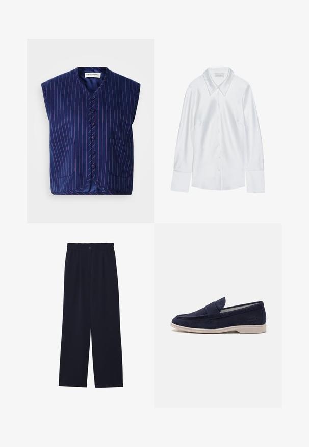 Marineblå ærmeløs vest med pink lodrette striber, featuring en v-hals, frontknaplukning og to patchlommer. Blødt tekstil.; Hvid langærmet skjorte med klassisk krave, med knaplukning fortil og glat tekstur, lavet af letvægtigt stof med en subtil glans.; Marineblå brede bukser med en glat tekstur, elastisk talje, enkel frontfold og en knaplukning i taljen.; Marineblå suede loafers med rund tå og syet detaljering. Har en polstret tunge og en lys beige gummisål for komfort.