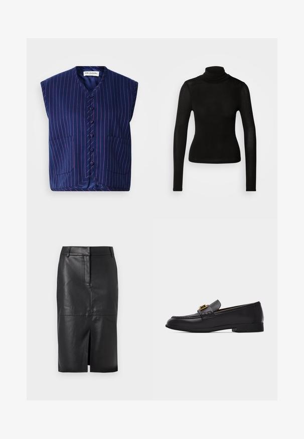 Marineblå ærmeløs vest med pink lodrette striber, featuring en v-hals, frontknaplukning og to patchlommer. Blødt tekstil.; Sort turtleneck top lavet af et letvægts, strækbart materiale. Har lange ærmer og en tætsiddende silhuet uden synlige sømme.; Sort læder blyantskørter med en forslidser, der har en glat tekstur, to sidelommer og en tætsiddende silhuet.; Sort læderloafer med en guldbeslået detalje og lav hæl, vist i profil mod en ensfarvet lys baggrund.