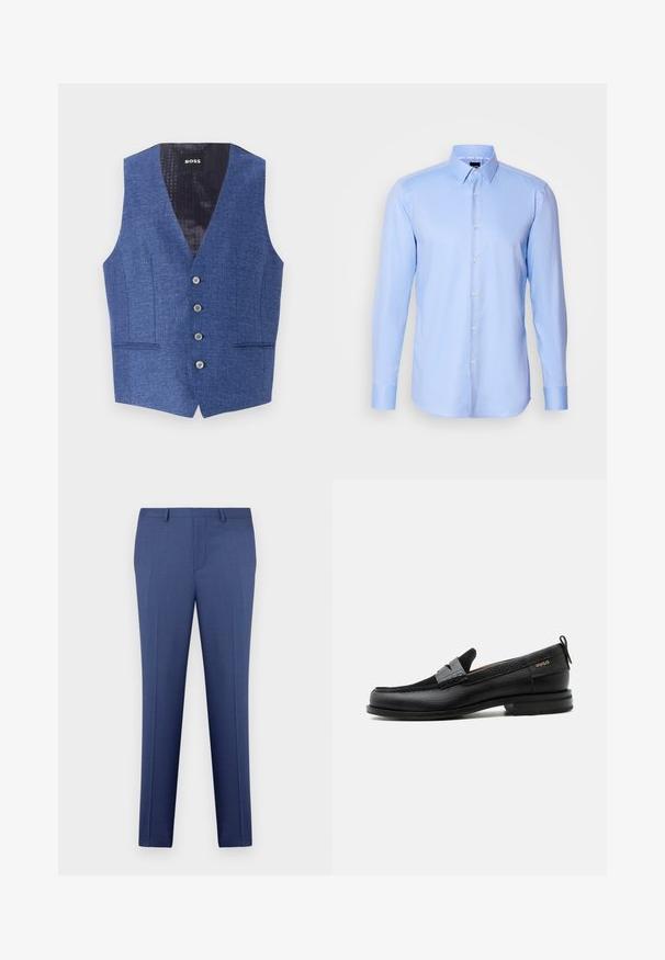 Blå vest med et struktureret stof, slim fit, V-hals, fem frontknapper og to sidelommer. Foret inderside har et diskret mønster.; Lyseblå langærmet skjorte med knaplukning lavet af tekstureret stof, med spidse krave og klassisk knaplukning foran.; Blå skræddersyede herrebukser med bæltestropper, lynlås foran og pressefold, præsenteret mod en hvid baggrund.; Sort læderloafer med grå remdetalje, lav hæl og tekstureret sål, mærket med "HUGO" i guld på siden.