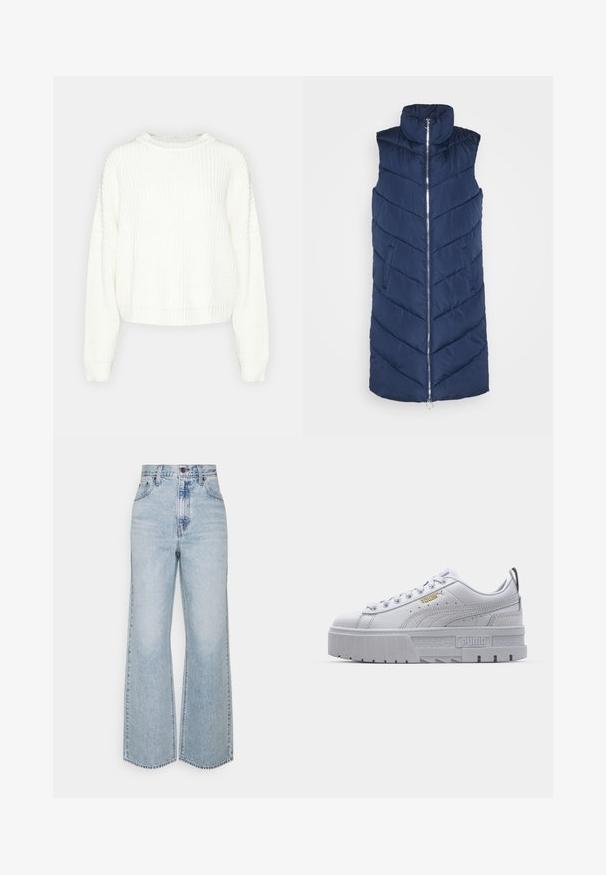 Gilet matelassé bleu marine avec un col haut, une fermeture éclair à l'avant et deux poches latérales. Présente des motifs en chevrons et une texture lisse.; Pull en maille blanche avec un col rond, des manches longues et une coupe décontractée. Présente un motif texturé et un ourlet et des poignets côtelés.; Jean large en denim bleu clair avec taille haute, design classique à cinq poches et couture contrastante. Détail de ourlet brut en bas.; Baskets plateformes blanches avec une tige en cuir lisse, un col rembourré, une semelle en caoutchouc grise et des accents dorés arborant le logo Puma.