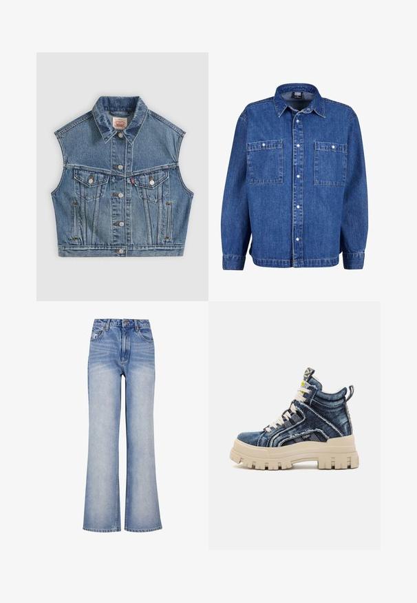 Blauwe denim mouwloze jas met knopen aan de voorkant, twee borstzakken met kleppen en een klassieke kraag.; Jeansjack in medium blauw met lange mouwen, knoopsluiting aan de voorkant en twee borstzakken. Beschikt over een klassieke kraag en een ontspannen pasvorm.; Lichtblauwe denim wijde jeans hebben een hoge taille, knoopsluiting, subtiele vervaging en een klassiek design met vijf zakken.; Buffalo ASPHA MID - Sneakers hoog - blue