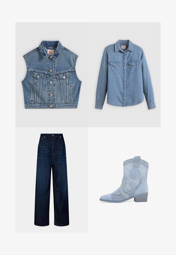 Chaqueta sin mangas de mezclilla azul con botones en la parte delantera, dos bolsillos en el pecho con solapas y un cuello clásico.; Camisa de mezclilla azul claro con mangas largas, cierre de botones al frente, dos bolsillos en el pecho y cuello clásico. Textura suave y ajuste relajado.; Jeans de tiro alto, de pierna ancha y de color azul oscuro, con bolsillos frontales, botón y cierre de cremallera, exhibidos sobre un fondo liso.; Botín de tobillo azul claro con detalles de malla, bordado circular decorativo, ribete de ante, punta puntiaguda y tacón bajo apilado.