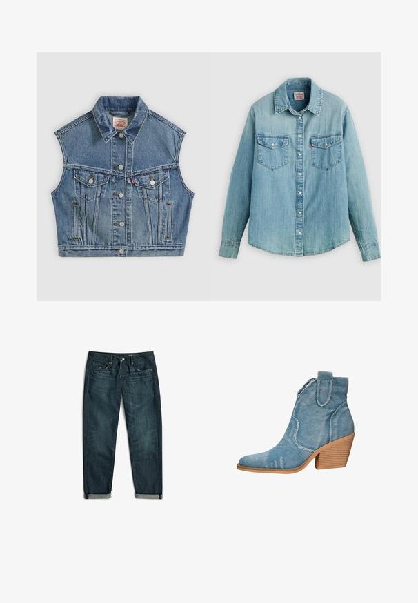 Blaues ärmelloses Jeansweste mit Knöpfen vorne, zwei Brusttaschen mit Klappen und einem klassischen Kragen.; Hellblaues Denimhemd mit klassischem Kragen, vorderer Knopfleiste, zwei Brusttaschen und geknöpften Manschetten sowie einem leicht geschwungenen Saum.; Dunkelblaue aufgerollte Jeans aus Denim mit Fronttaschen, Gürtelschlaufen und Knopfverschluss, flach auf weißem Hintergrund gelegt.; Blaue Denim-Ankle-Boots mit spitzer Zehenform, distressed Textur und einem blockartigen Holzabsatz. Verfügt über seitliche Schlaufen für ein einfaches Anziehen.