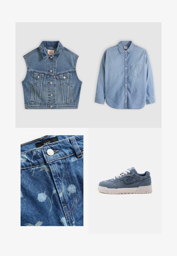 Blå denim ærmeløs jakke med knapper foran, to brystlommer med klapper og en klassisk krave.; Lyseblå denimskjorte med button-down-krave, forlompe og lange ærmer. Har en buet kant og en subtil tekstur.; Denimstof i lyseblå, prydet med blomsterprint. Inkluderer en sølvknaplukning og lysebrune syninger langs sømmene. Mærkets etiket er synlig.; Blå denim sneaker med hvid sål og snørebånd, med en stor "C" emblemer på siden og tekstureret stofdesign.