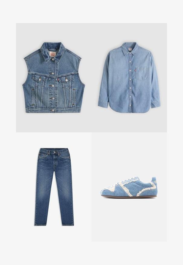 Μπλε denim αμάνικο μπουφάν με κουμπιά μπροστά, δύο τσέπες στο στήθος με καπάκια και κλασικό γιακά.; Ανοιχτό μπλε πουκάμισο από τζιν με γιακά που κουμπώνει στο κάτω μέρος, τσέπη μπροστά και μακριά μανίκια. Διαθέτει καμπυλωτό τελείωμα και διακριτή υφή.; Μπλε τζην παντελόνι με ευθεία γραμμή, διαθέτει κουμπί και φερμουάρ, πέντε τσέπες και διακριτική φθορά στη πλύση.; Χαμηλού προφίλ αθλητικό παπούτσι με υφαντό ύφασμα τζιν σε ανοιχτό μπλε και ξεφτισμένες άκρες, λευκά κορδόνια και λεπτή καφέ σόλα πάνω σε απλό φόντο.