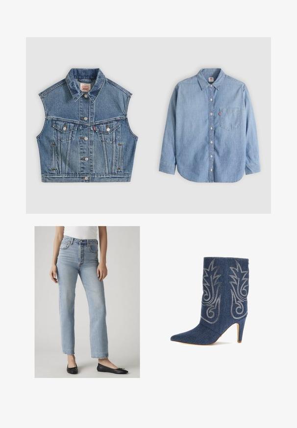 Blå denim ærmeløs jakke med knapper foran, to brystlommer med klapper og en klassisk krave.; Lyseblå denimskjorte med button-down-krave, forlompe og lange ærmer. Har en buet kant og en subtil tekstur.; Kvinde iført lyseblå jeans med høj talje og lige ben samt sorte balletsko, stående mod en ensfarvet lys baggrund.; Denim ankelstøvle med spids tå, buet design, sølv dekorativ syning og 3-tommer stiletto hæl. Mørkeblå med struktureret finish.