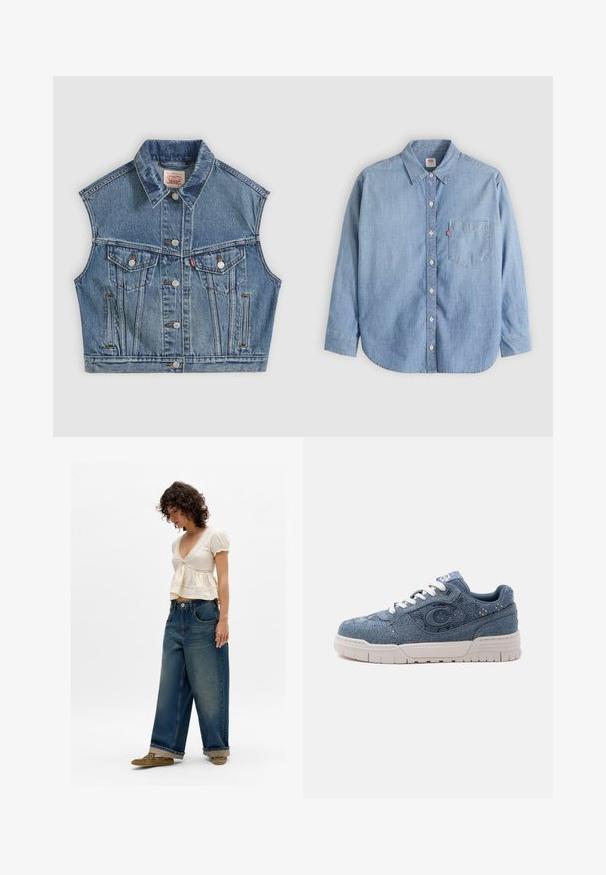 Μπλε denim αμάνικο μπουφάν με κουμπιά μπροστά, δύο τσέπες στο στήθος με καπάκια και κλασικό γιακά.; Ανοιχτό μπλε πουκάμισο από τζιν με γιακά που κουμπώνει στο κάτω μέρος, τσέπη μπροστά και μακριά μανίκια. Διαθέτει καμπυλωτό τελείωμα και διακριτή υφή.; Γυναίκα που φοράει κρεμ μπλουζάκι με κοντό μανίκι και V λαιμόκοψη με δαντέλα, φαρδιά τζιν παντελόνια σε μπλε απόχρωση με τελειώματα που γυρίζουν και ελαιόχρωμες παπούτσια, στέκεται σε λευκό φόντο.; Μπλε τζιν αθλητικό παπούτσι με λευκή σόλα και κορδόνια, με μεγάλο έμβλημα "C" στο πλάι και υφή υφασμάτινου σχεδίου.