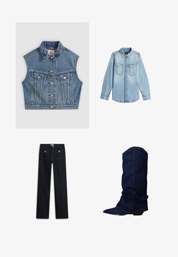 Blauwe denim mouwloze jas met knopen aan de voorkant, twee borstzakken met kleppen en een klassieke kraag.; Lichtblauwe denim overhemd met lange mouwen, kraag, knoopsluiting aan de voorkant en twee borstzakken met knoopflappen.; Donkerblauwe spijkerbroek met een rechte pijp, voorzien van twee voorzakken en zichtbare stiknaden. Geen zichtbare slijtage.; sacha Laarzen - blue
