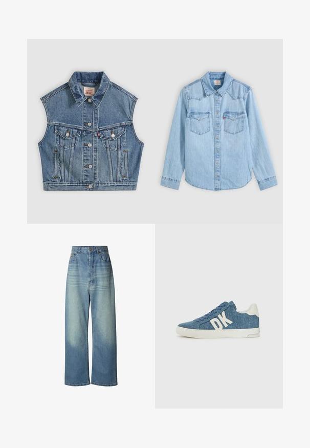 Blå denim ærmeløs jakke med knapper foran, to brystlommer med klapper og en klassisk krave.; Lyseblå denimskjorte med lange ærmer, knaplukning, to brystlommer med klapper og en klassisk spids krave på en grå baggrund.; Vidbenede jeans i lyseblå denim. Har en høj talje, to forlommer, subtil falmning på lårene og en lige kant.; Denim sneakers med et blåt tekstureret stof, hvid gummisål og stort hvidt "DK" branding på siden.