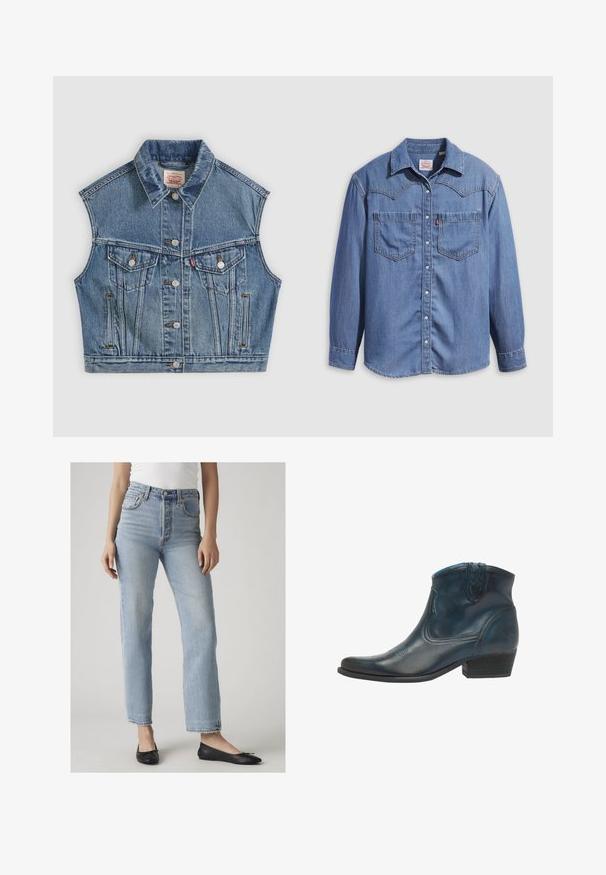 Veste sans manches en denim bleu avec boutons sur le devant, deux poches poitrine à rabats et un col classique.; Chemise en denim bleu clair avec un col pointu, deux poches poitrine et des boutons-pression. Présente une coupe western avec un empiècement à l'épaule.; Femme portant un jean bleu clair taille haute avec des jambes droites et des ballerines noires, debout devant un fond clair uni.; Bottes de cowboy en cuir bleu foncé, avec un bout pointu, des accents courbés et un talon bas empilé avec des détails de couture subtils.