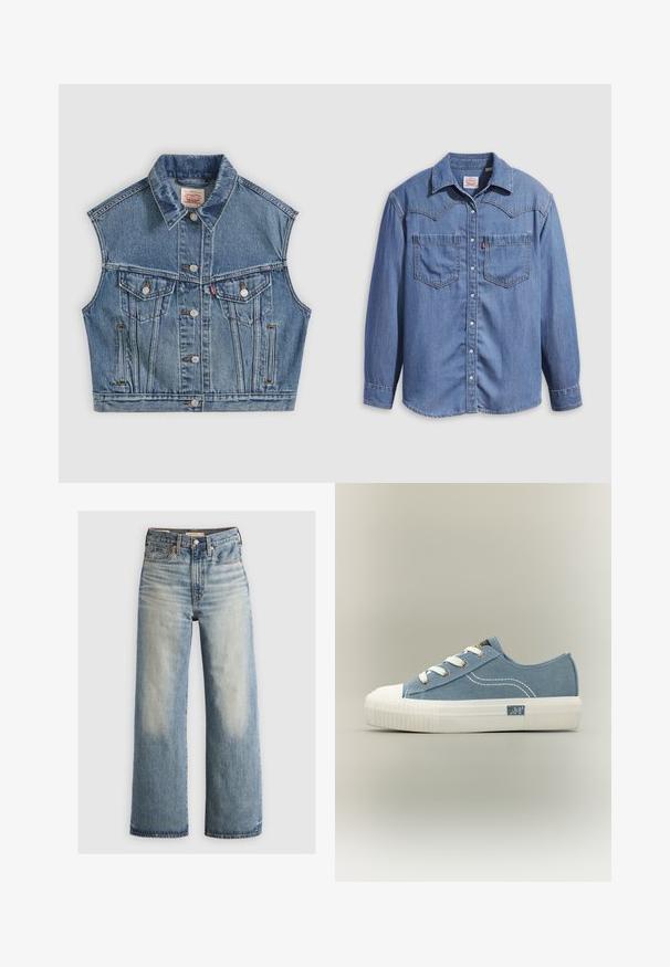 Blå denim ærmeløs jakke med knapper foran, to brystlommer med klapper og en klassisk krave.; Lyseblå denimskjorte med spidst krave, to brystlommer og trykknapper. Har et western-inspireret stykke på skuldrene.; Lysevaskede, blå denim bredbenede jeans med høj talje, fem lommer og messingdetaljer. Aftagende nuancer foran og bagpå.; Blå lavsko i lærred med hvid gummisål, hvide snørebånd, syningsdetaljer og "Lee"-logo på siden af sålen.
