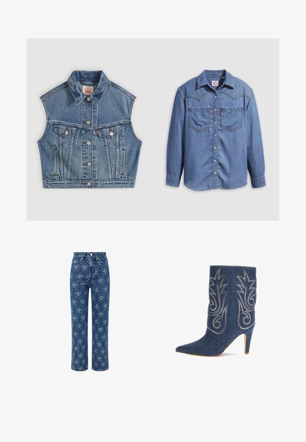 Chaqueta sin mangas de mezclilla azul con botones en la parte delantera, dos bolsillos en el pecho con solapas y un cuello clásico.; Camisa de mezclilla azul claro con cuello puntiagudo, dos bolsillos en el pecho y botones a presión. Presenta un diseño de canesú estilo occidental.; Jeans de mezclilla en azul oscuro con un estampado floral, de talle alto y diseño recto, con detalles en tono dorado y una textura sutil.; Botín de mezclilla con punta afilada, diseño curvado, costura decorativa plateada y tacón de aguja de 3 pulgadas. Azul oscuro con acabado texturizado.