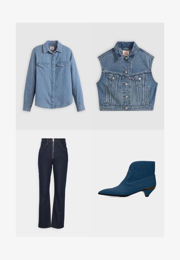 Μπλε denim αμάνικο μπουφάν με κουμπιά μπροστά, δύο τσέπες στο στήθος με καπάκια και κλασικό γιακά.; Γαλάζιο τζιν πουκάμισο με μακριά μανίκια, κουμπωμα μπροστά, δύο τσέπες στο στήθος και κλασικό γιακά. Λεία υφή και άνετη εφαρμογή.; FRAME HIGH EXPOSED ZIP - Straight leg jeans - dark blue; Μπλε μποτάκι αστραγάλου με μυτερή μύτη, χαμηλό τακούνι kitten με χρυσή λεπτομέρεια και ομαλό, άψογο σχέδιο.