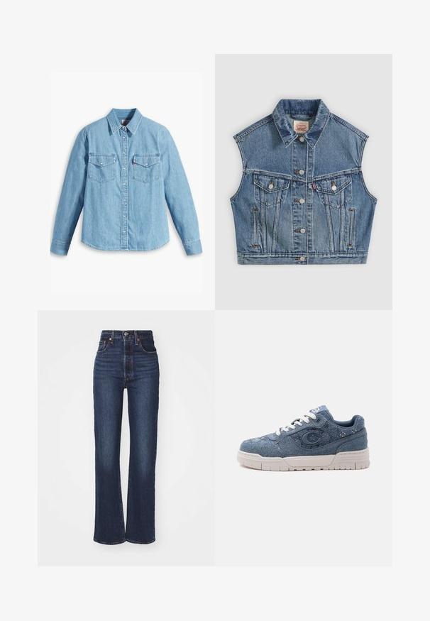 Blå denim ærmeløs jakke med knapper foran, to brystlommer med klapper og en klassisk krave.; Lyseblå denimskjorte med lange ærmer, spidse krave, to brystlommer, knaplukning og subtil tekstur. Ingen synlige mønstre.; Mørkeblå højtaljede straight-leg jeans med knap- og lynlåslukning, foran og bagpå lommer, præsenteret på hvid baggrund.; Blå denim sneaker med hvid sål og snørebånd, med en stor "C" emblemer på siden og tekstureret stofdesign.