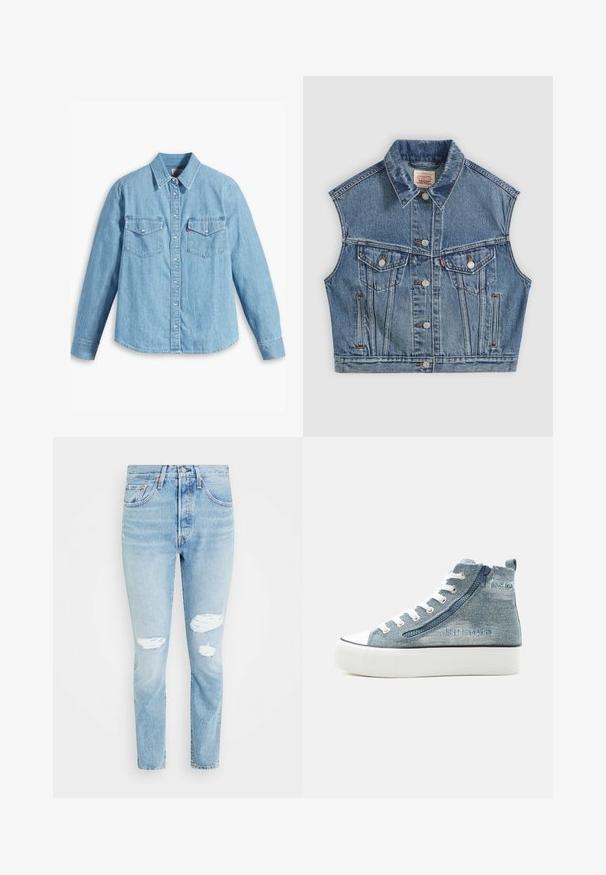 Blauwe denim mouwloze jas met knopen aan de voorkant, twee borstzakken met kleppen en een klassieke kraag.; Lichtblauwe spijker blouse met lange mouwen, puntige kraag, twee borstzakken, knoopsluiting en subtiele textuur. Geen zichtbare patronen.; Lichtblauwe versleten jeans met een hoge taille. Kenmerken zijn onder andere scheuren op de knieën, een rechte pijp en een klassieke vijf-pocket ontwerp.; High-top denim sneaker met witte veters, zijrits, rubberen zool en geborduurd merkdetail aan de buitenkant.