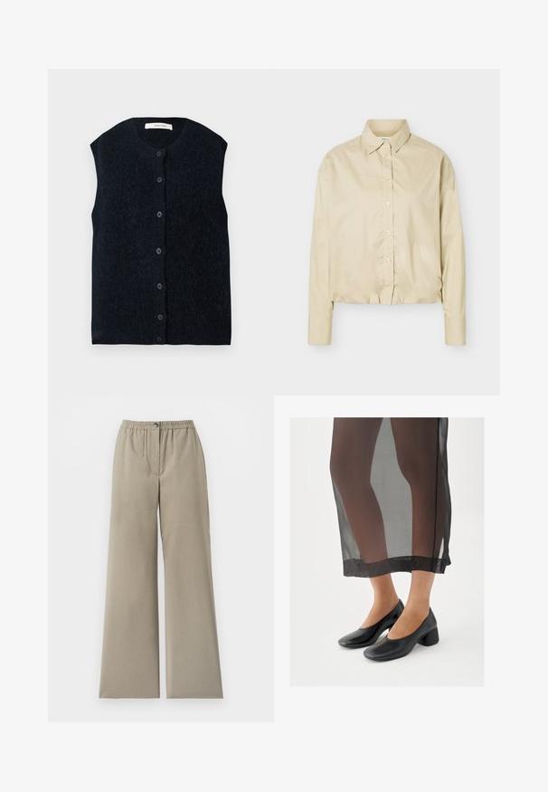 Veste noire sans manches en tricot boutonnée, avec un col rond et un tissu à texture douce.; Chemise beige à manches longues avec boutons, col pointu et ourlet élastiqué, présentée à plat sur un fond clair.; Pantalon beige à jambes larges avec taille élastique et fermeture par bouton, tissu lisse, détail de couture à l'avant, sur fond blanc.; Chaussures noires à talons blocs avec une finition en cuir lisse, portées avec une jupe noire transparente à ourlet net et design minimaliste.