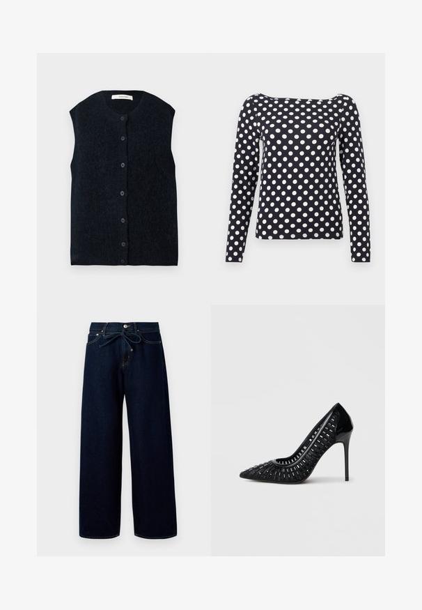 Chaleco de punto negro sin mangas con botones, cuello redondo y tela de textura suave.; Camisa de manga larga azul marino con lunares blancos, escote bote y corte ajustado.; Vaqueros de pierna ancha de denim azul oscuro, con cierre de botón en la parte frontal y cintura ajustable con cordón, y detalles de costura en contraste.; Zapato de tacón alto negro con punta puntiaguda y un diseño de celosía abierta. Fabricado con material brillante, con un tacón de aguja elegante.