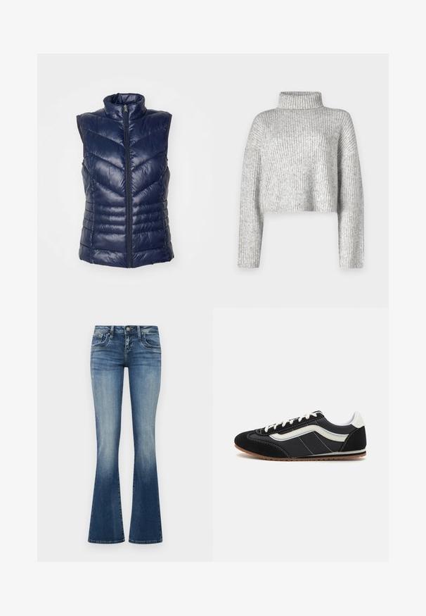Mørkeblå puffervest, ærmeløs design med høj krave, med en frontlynlås og chevron quiltet mønster for isolering. Blød, glansfuld overflade.; Grå cropped sweater lavet af ribstrikket stof, der har en høj krave og lange ærmer, med en blød tekstur og subtil farvevariation.; Flared denim jeans i mellemblå med en falmet vask. Har fem lommer, bæltestropper og kontrasterende syninger. Blødt, tekstureret stof.; Sorte ruskind- og nylon-sneakers med en hvid sidelinje, hvide snørebånd og en gummisål, med et lavprofil-design.