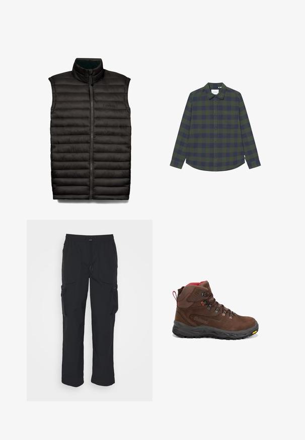Chaleco acolchado negro con cuello alto y cremallera frontal. Presenta paneles acolchados e insulated y un pequeño logo de Timberland en el pecho.; Camisa de manga larga en patrón de cuadros en verde oscuro y azul marino, con cierre de botones en el frente, cuello y un bolsillo en el pecho. Textura de tela suave.; Pantalones cargo negros hechos de tejido tejido. Cuenta con una cinturilla ajustable, bolsillos laterales y dos bolsillos de utilidad con cremalleras.; Bota de senderismo marrón de corte medio con detalles en rojo, ojales de metal, cuello acolchado, suela negra resistente y logo Vibram en el borde delantero.