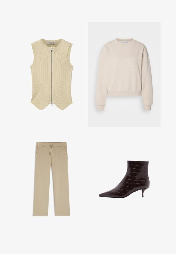 Beige ribstrikket, ærmeløs vest med rund hals og sølvfarvet lynlås foran, mærket AllSaints, med bølget kantdetalje.; Lys beige sweatshirt lavet af blødt stof, med rund hals, nedfaldne skuldersømme og ribbede manchetter og kant.; Beige casual bukser med snøre i taljen og sidelommer, vist fladt på en hvid baggrund.; Sorte krokodille-embossede læder ankelstøvler med spidse tæer og en kort, tynd hæl. Glat tekstur med et tydeligt mønster og et slankt design.