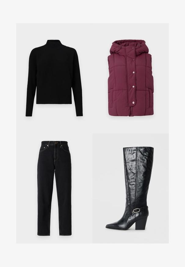 JDY JDYWONDER SHORT HOOD - Weste - fig; JDY Knitted JDYPRIME Knitted - Strickpullover - black; Schwarze Jeans aus Denim mit geradem Bein, hoher Taille und Kontrastnähten. Verfügt über fünf Taschen und einen Reißverschluss.; Schwarze kniehohe Stiefel aus glänzendem Leder, mit einer spitzen Zehe, strukturierter Form und einem dekorativen Riemen mit einer silbernen Schnalle.