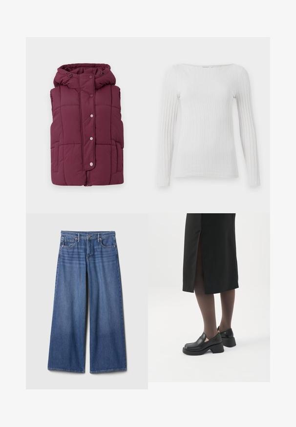 JDY JDYWONDER SHORT HOOD - Vesta - fig; Biely rebrovaný top s dlhými rukávmi a širokým okrúhlym výstrihom s priliehavým strihom.; Džínsy s širokými nohavicami v stredne modrej farbe, s vysokým pásom, piatimi vreckami a zdobením švov. Hladká textúra, čistý povrch bez ozdôb.; Žena má na sebe čierne mokasíny s hrubým podpätkom, priehľadné čierne pančuchy a čiernu sukňu s rázporkom vzadu na bielom pozadí.