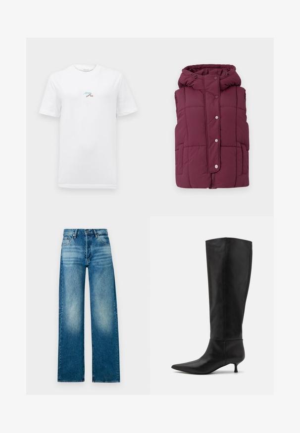 JDY JDYWONDER SHORT HOOD - Bodywarmer - fig; Witte katoenen t-shirt met korte mouwen en een ronde hals. Heeft een klein, meerkleurig logo op de borst. Klassiek, recht gesneden ontwerp.; Lichtblauwe denimjeans met een hoge taille, wijde pijpen en een vervaagde afwerking. Voorzien van een klassiek five-pocket ontwerp en metalen knoopsluiting.; Zwarte leren laarzen tot de knie met een spitse neus en een kittenheel. Gladde textuur en minimalistisch ontwerp zonder zichtbare hardware of accenten.