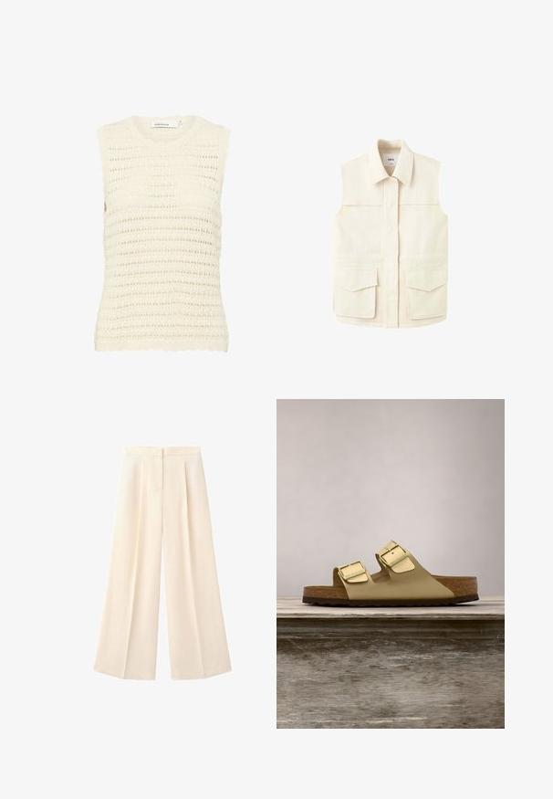 Gilet utilitaire beige sans manches avec col, fermeture frontale dissimulée et deux grandes poches à rabat à la taille. Présenté sur fond blanc uni.; Top en tricot crème texturé avec un décolleté et des bords d'épaules en forme de vagues, présentant un motif en maille ouverte et un design sans manches.; Pantalon crème taille haute à jambes larges avec plis devant et fermeture dissimulée par boutons et zip.; Sandale métallique dorée à deux brides avec boucles réglables, semelle en liège et semelle extérieure en caoutchouc texturé. Caractéristiques d'un design à bout ouvert et talon ouvert.