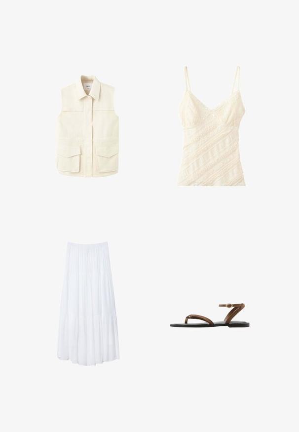 Ärmellose beigefarbene Utility-Weste mit Kragen, verdecktem Frontverschluss und zwei großen Pattentaschen auf Taillenhöhe. Dargestellt auf schlichtem weißen Hintergrund.; Cremefarbene Spitzen-Camisole mit dünnen verstellbaren Trägern und diagonalen floralen Spitzenmustern.; Weißer, gestufter Maxi-Rock aus leichtem Stoff. Verfügt über einen elastischen Bund und ein fließendes Design mit weicher, subtiler Textur.; Braune flache Sandale mit dünnen Riemen, Zehenring und Knöchelriemen mit kleiner goldener Schnalle, auf einer schwarzen Sohle.
