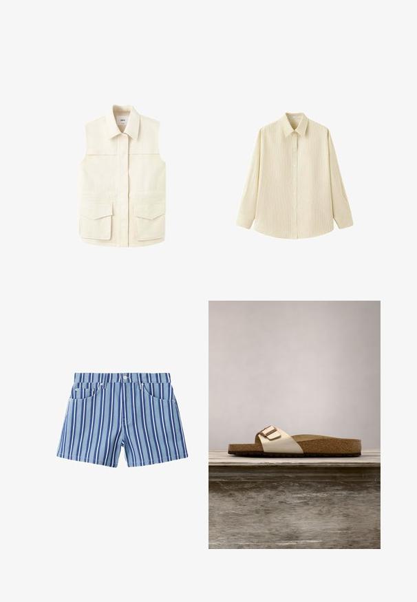 Ærmeløs beige utility-vest med krave, skjult frontlukning og to store klaplommer i taljen. Præsenteret på en almindelig hvid baggrund.; Beige skjorte med lange ærmer og knapper, med subtile lodrette striber og spidst krave, vist på hvid baggrund.; Blå denimshorts med lodrette hvide og mørkeblå striber, forlommer, bæltestropper og frontknaplukning.; Sandal med slide-design, der har en let metallisk overdel, korkfodbed og tekstureret brun gummisål. Spænde detalje med logoaccent.