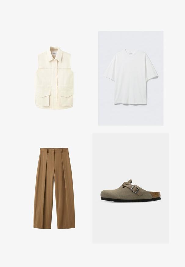 Gilet utilitaire beige sans manches avec col, fermeture frontale dissimulée et deux grandes poches à rabat à la taille. Présenté sur fond blanc uni.; T-shirt blanc surdimensionné en coton à manches courtes avec col rond et une petite étiquette de marque à l'intérieur du col.; Pantalon marron taille haute à jambes larges avec fines rayures, plis sur le devant, passants pour ceinture et fermeture éclair dissimulée sur le devant.; Sabots en velours côtelé vert olive clair avec une semelle en liège et en caoutchouc moulée. Dispose d'une sangle latérale avec une boucle en métal et d'un bout arrondi.