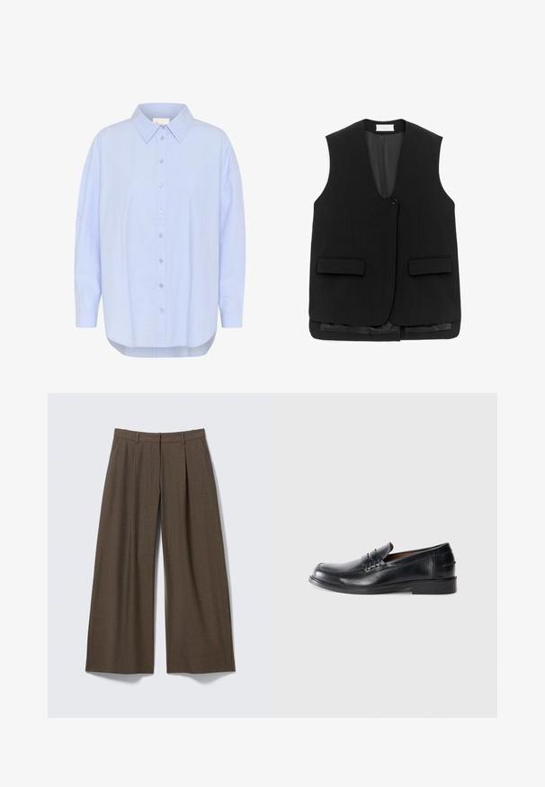 Chaleco negro sin mangas, entallado, con cierre de un solo botón y dos bolsillos frontales con solapa, con un forro interior liso.; Camisa de botón azul claro con cuello puntiagudo, mangas largas y dobladillo curvado. Textura suave con detalles de botones visibles.; Pantalones de pernera ancha con raya diplomática marrón, con trabillas para el cinturón y pliegues frontales, exhibidos planos sobre un fondo gris claro.; Mocasines de cuero negro con puntera redondeada, detalles de costura y un tacón bajo. Textura suave con un brillo sutil.