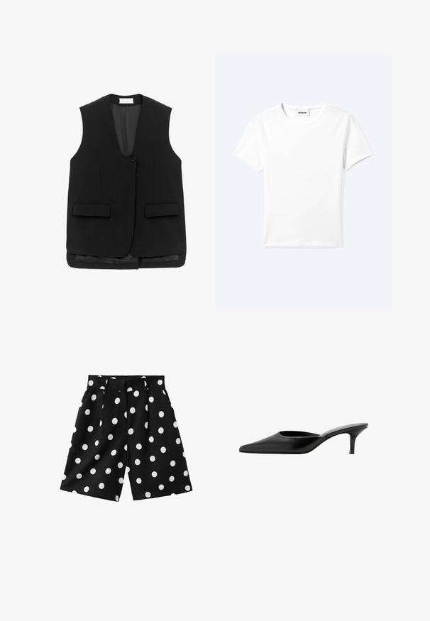 Veste noire sans manches, cintrée, avec une fermeture à un bouton et deux poches à rabat à l'avant, dotée d'une doublure intérieure lisse.; T-shirt blanc uni à manches courtes et col rond avec une petite étiquette "WEEKDAY" à l'intérieur de l'encolure, présenté à plat sur un fond clair.; Shorts noirs à jambes larges avec des pois blancs, dotés de passants de ceinture et de poches latérales, posés à plat sur un fond blanc.; Mule en cuir noir à bout pointu, avec un petit talon fin et un design sans contrefort pour enfiler facilement.