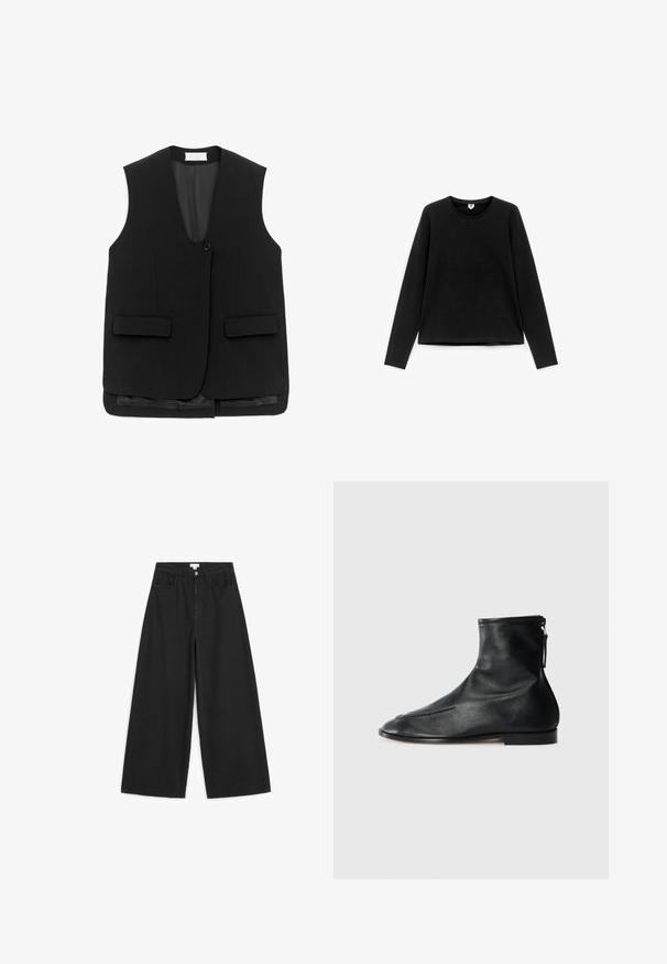 Veste noire sans manches, cintrée, avec une fermeture à un bouton et deux poches à rabat à l'avant, dotée d'une doublure intérieure lisse.; Chemise noire à manches longues en tissu doux. Elle présente un col rond et une coupe droite sans motifs ni accents visibles.; Jean noir à jambes larges avec fermeture devant par bouton et zip, deux poches avant et passants de ceinture, posé à plat sur fond blanc.; Bottines en cuir noir avec un design à bout pointu, texture lisse et une fermeture éclair sur le côté pour un enfilage facile. Talon bas, style minimaliste.