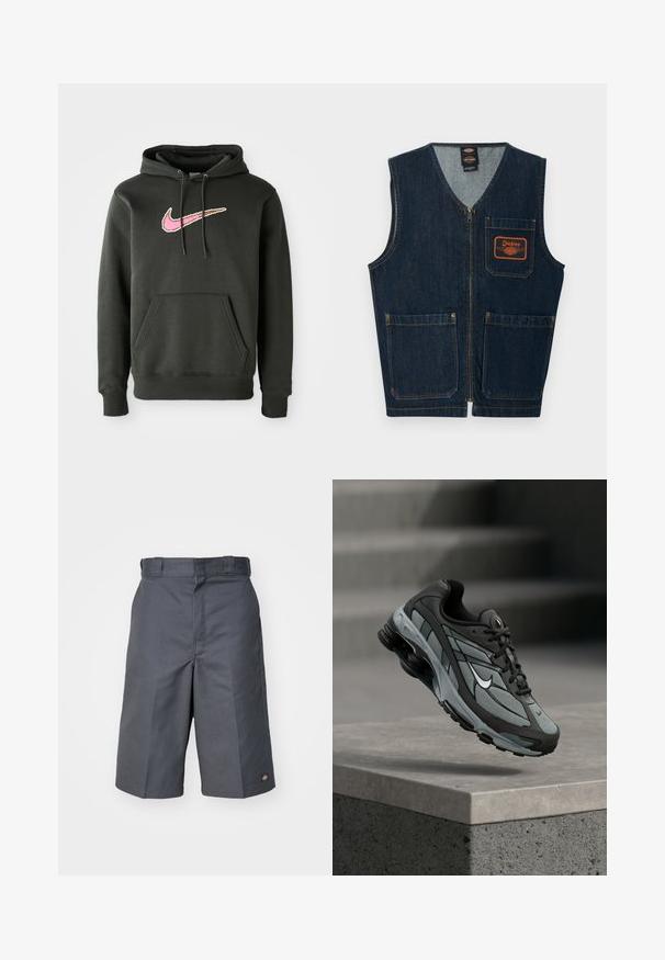 Dunkelblaue Jeansweste mit Frontreißverschluss, drei aufgesetzten Taschen und orangefarbenem Dickies-Logo-Patch auf der linken Brusttasche.; Dunkelgrauer Hoodie aus Baumwollmischung, mit einem großen pinken und braunen Nike-Logo auf der Brust, einer Fronttasche und einer Kordelzugkapuze.; Graue Shorts aus robustem Stoff, mit geradem Schnitt, zwei Seitentaschen und einem kleinen Logo auf der Gesäßtasche.; Grauer und schwarzer Sportschuh mit Netzpaneelen und dicker Sohle, schwebend in der Luft über einer Betonmauer mit Treppen im Hintergrund.
