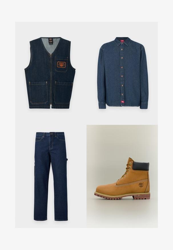 Σκούρο μπλε γιλέκο από denim με μπροστινό φερμουάρ, τρεις τσέπες με επιδιορθώσεις και πορτοκαλί λογότυπο Dickies στην αριστερή τσέπη του στήθους.; Σκούρο μπλε τζιν πουκάμισο με κουμπιά, με αιχμηρό γιακά, μακριά μανίκια και χαλκόχρωμα κουμπιά. Διαθέτει μικρή κόκκινη ετικέτα στην αριστερή πλευρά.; Σκούρο μπλε τζιν παντελόνια cargo με ίσια μπατζάκια, πλαϊνές τσέπες και ραφές σε αντίθεση. Διαθέτουν κλείσιμο με κουμπί και θηλιές για ζώνη.; Καφέ δερμάτινο μποτάκι αστραγάλου με μαύρο γιακά, κίτρινα κορδόνια και ταμπά σόλα. Διαθέτει λογότυπο και λευκή ραφή για λεπτομέρεια. Ανθεκτική εξωτερική σόλα με τραχύ πέλμα.