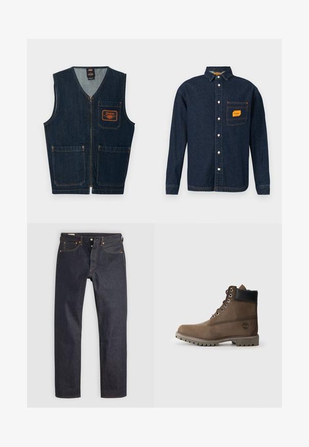 Mørkeblå denimvest med lynlås foran, tre lappelommer og orange Dickies-logo på venstre brystlomme.; Mørkeblå denimskjorte med knap-ned krave, orange label på brystlommen og hvide knapper. Blød tekstur med kontrastsyninger.; Mørkeblå denimjeans med lige ben, prydet med orange syninger og klassisk fem-lomme design. Lukning med knap og lynlås.; Brune læder ankelstøvle med sort krave, metaløjer og slidstærk grå sål. Har logo på siden og syet detaljer.