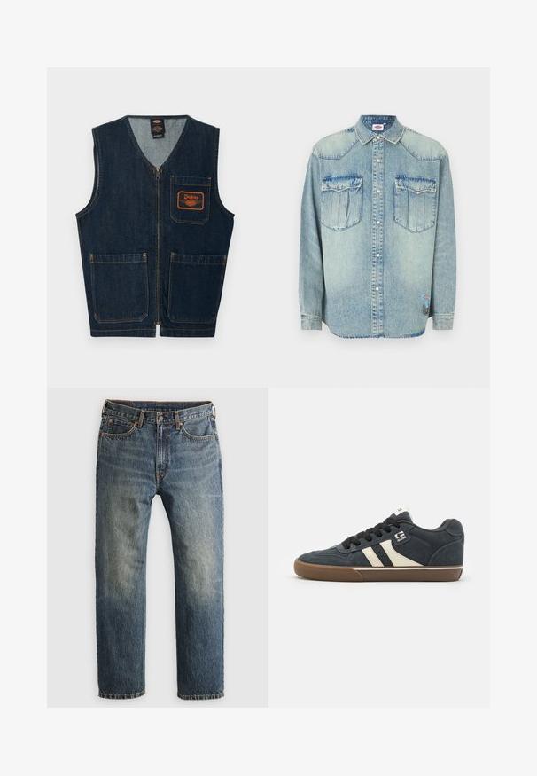 Mørkeblå denimvest med lynlås foran, tre lappelommer og orange Dickies-logo på venstre brystlomme.; Lyseblå denimskjorte med lange ærmer, trykknaplukning, spids krave, to brystlommer og mærke på nederste side.; Blå, falmede lige ben denim jeans med forlommer, bæltestropper, knap og lynlås lukning på en lys baggrund.; Mørkeblå ruskinds sneakers med cremefarvede striber, sorte snørebånd og en brun gummisål. Har polstret krave og logo på siden.