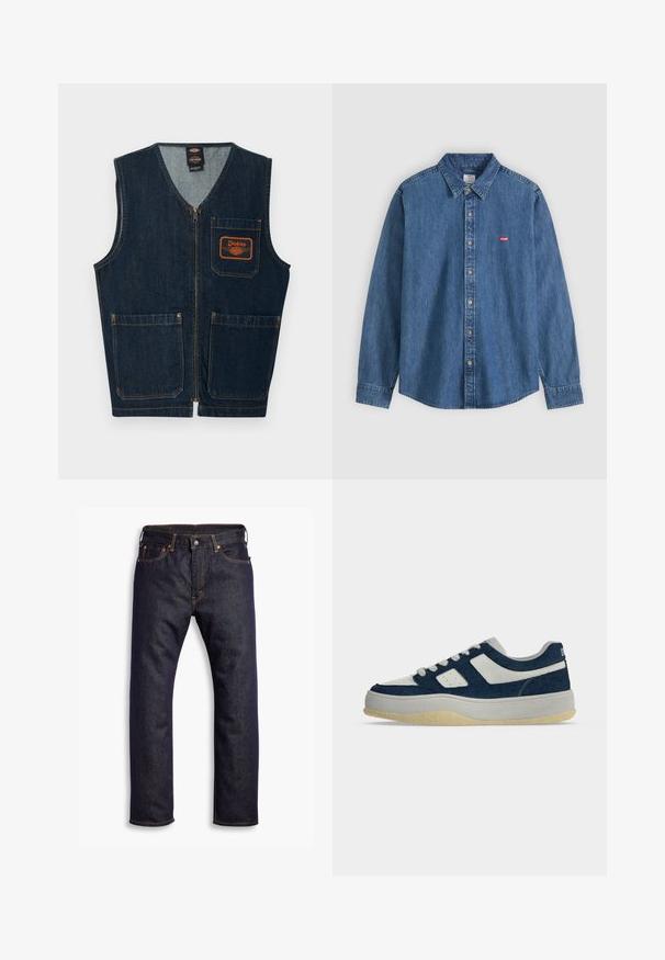 Tmavomodrá rifľová vesta s predným zipsom, tromi našitými vreckami a oranžovou nášivkou s logom Dickies na ľavom hrudnom vrecku.; Modrá džínsová košeľa s dlhým rukávom, golierom a béžovými gombíkmi, s malým červeným logom Levi's na ľavej strane hrude.; Tmavomodré rovné džínsy s piatimi vreckami a oranžovým kontrastným prešívaním, položené na bielom pozadí.; Nízke tenisky s bielymi a tmavomodrými panelmi, bielymi šnúrkami a hrubou béžovou podrážkou, zobrazené v bočnom profile na jednoduchom pozadí.