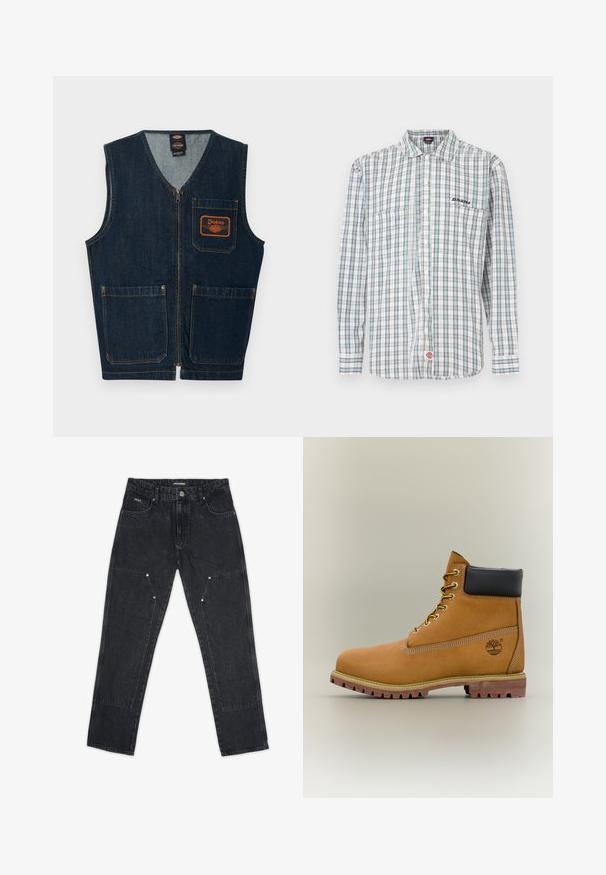 Dunkelblaue Jeansweste mit Frontreißverschluss, drei aufgesetzten Taschen und orangefarbenem Dickies-Logo-Patch auf der linken Brusttasche.; Karierte Hemdjacke in Weiß, Grün und Blau. Verfügt über lange Ärmel, einen Kragen, zwei Fronttaschen und eine Logo-Stickerei auf der Brust.; Pegador VINTO CARPENTER - Carpenter Jeans - washed black; Brauner Leder-Stiefelette mit schwarzem Kragen, gelben Schnürsenkeln und hellbrauner Sohle. Verfügt über ein Logo und weiße Ziernähe. Robuste Profilsohle.