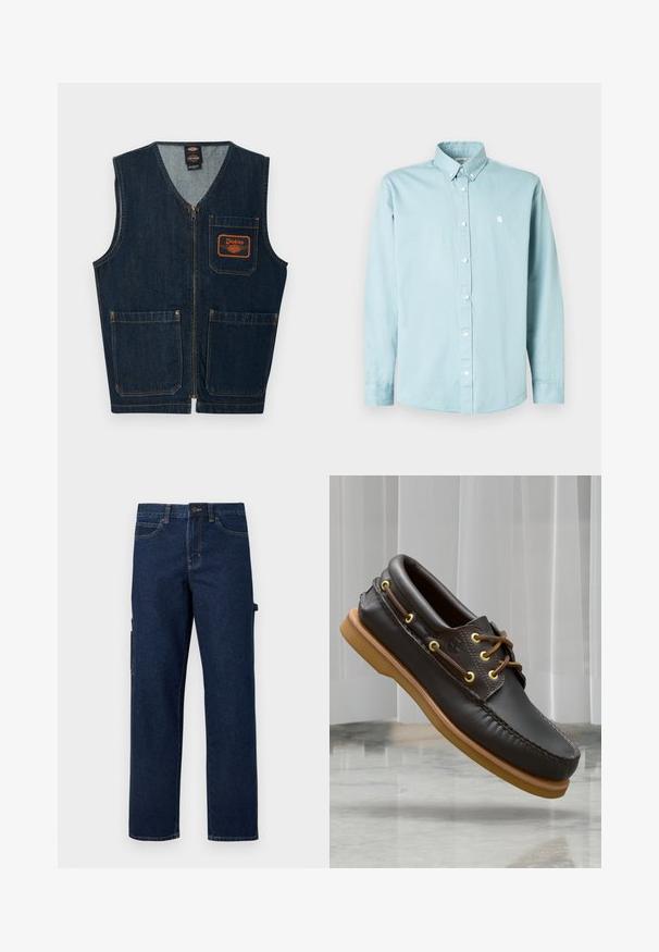 Veste en denim bleu foncé avec fermeture éclair frontale, trois poches aplaties et écusson logo Dickies orange sur la poche poitrine gauche.; Chemise bleu clair à manches longues avec boutons, en coton, dotée d'un col classique, de boutons blancs et d'un petit logo sur la poitrine.; Pantalon cargo en denim bleu foncé avec jambes droites, poches latérales et coutures contrastées. Comprend une fermeture à bouton et des passants pour ceinture.; Chaussures de bateau en cuir marron avec un design rembourré, œillets jaunes, lacets marron et semelle en caoutchouc tan ; elles présentent des détails de couture complexes.